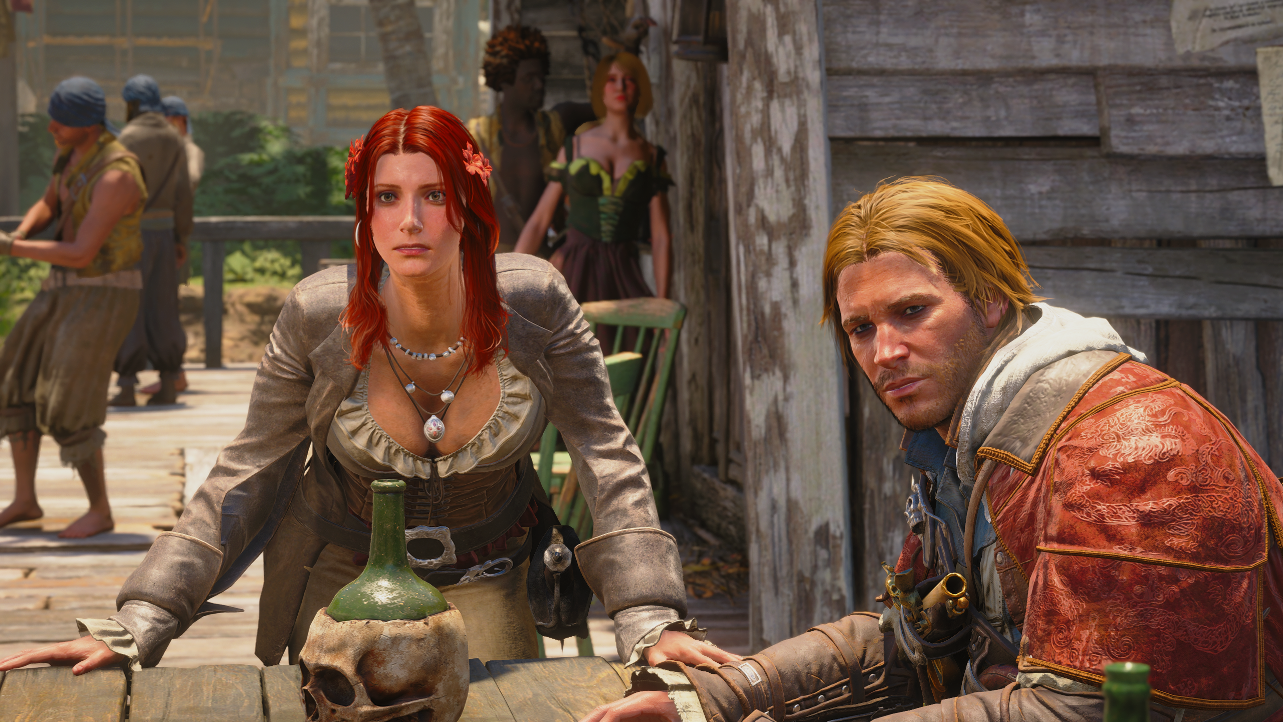Edward Kenway and a red-haired woman at a tavern table
