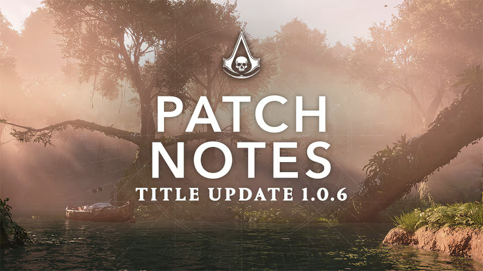Title Update 1.0.6 card over a river and a small boat