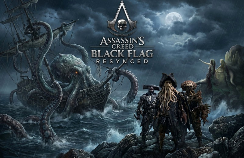 Fan art of a kraken, a ship and figures on rocks under the Black Flag Resynced logo