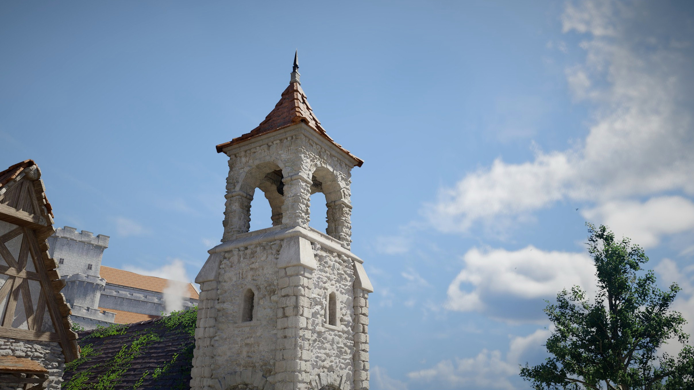 A town with a bell tower at the center