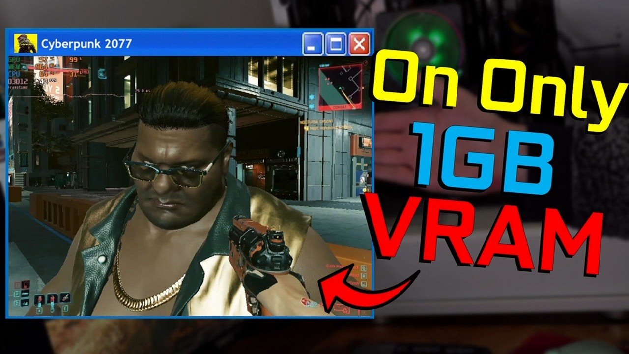Cyberpunk 2077 at a very low resolution on an old graphics card