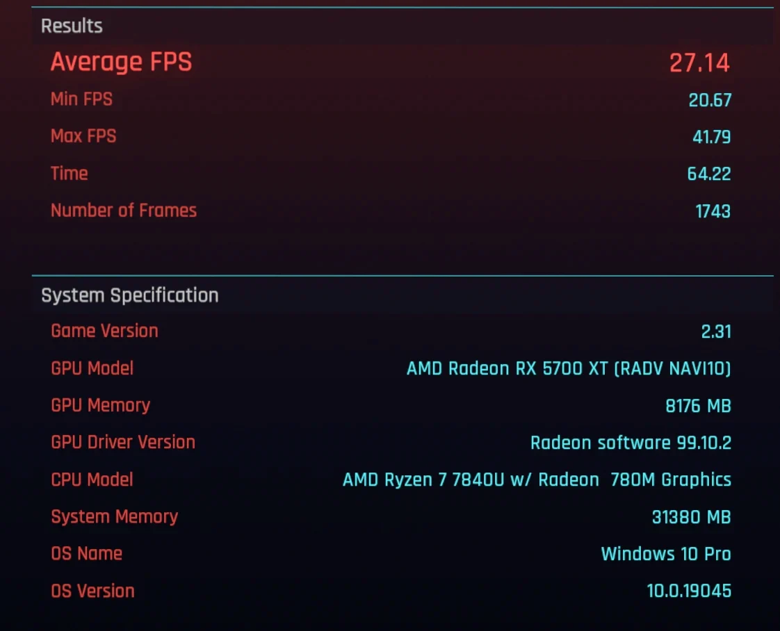 A Cyberpunk 2077 performance chart after the Mesa fix