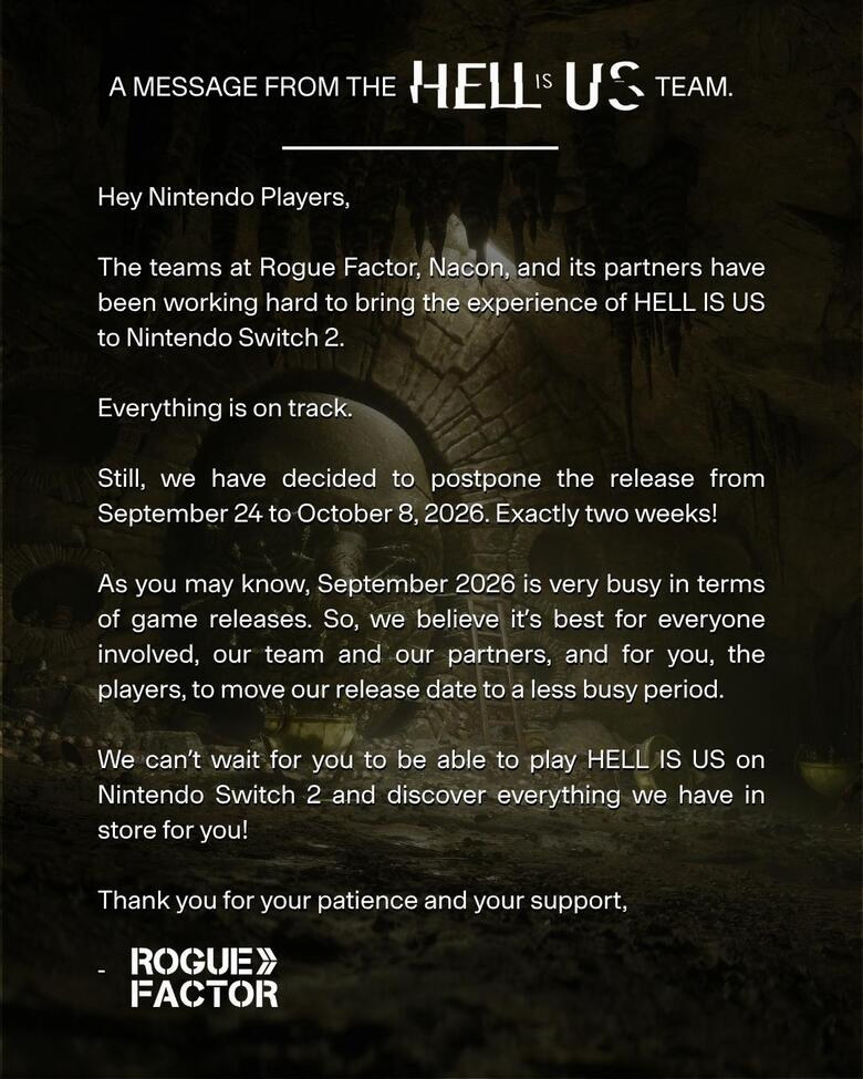 Rogue Factor note moving the Switch 2 release of Hell is Us from 24 September to 8 October 2026