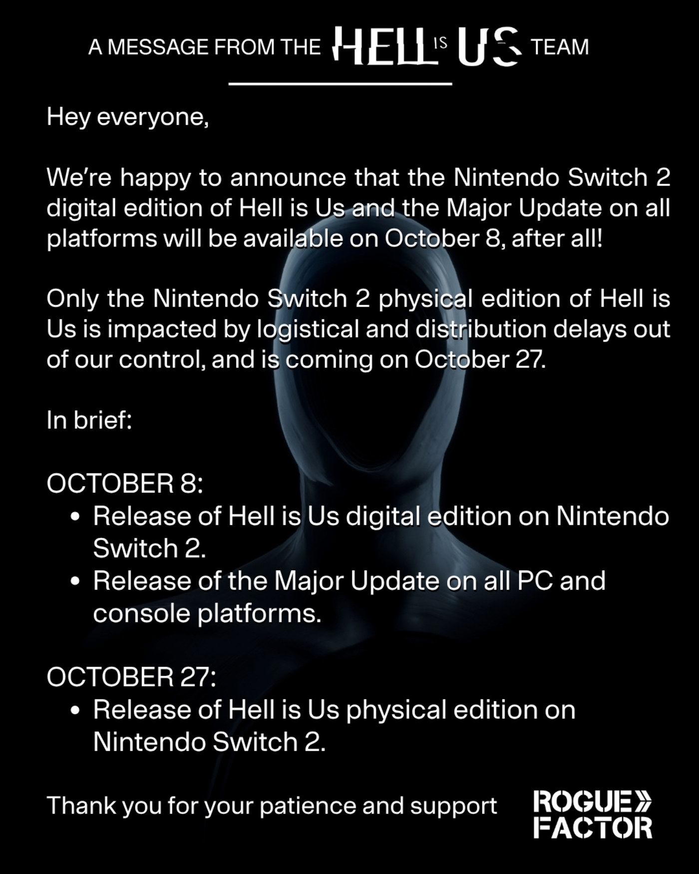 Rogue Factor note: Switch 2 digital and the update on 8 October, boxes on 27 October