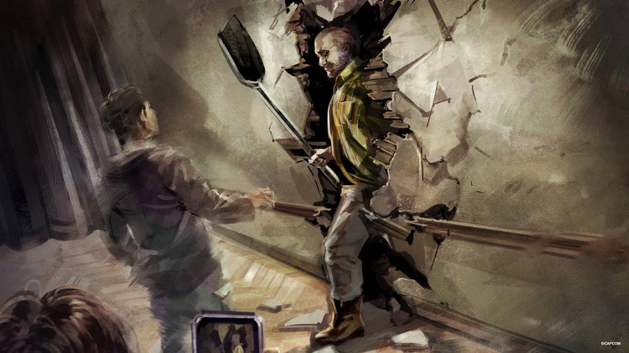 Concept art of Jack Baker bursting through a wall with a shovel