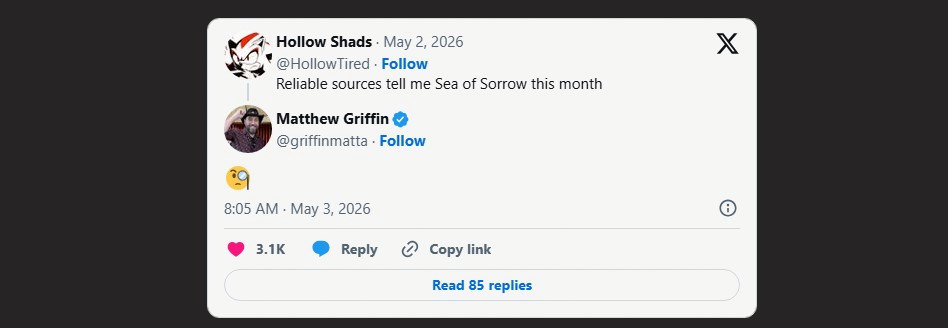 X screenshot: Matthew Griffin replies with an eyes emoji to a Sea of Sorrow post